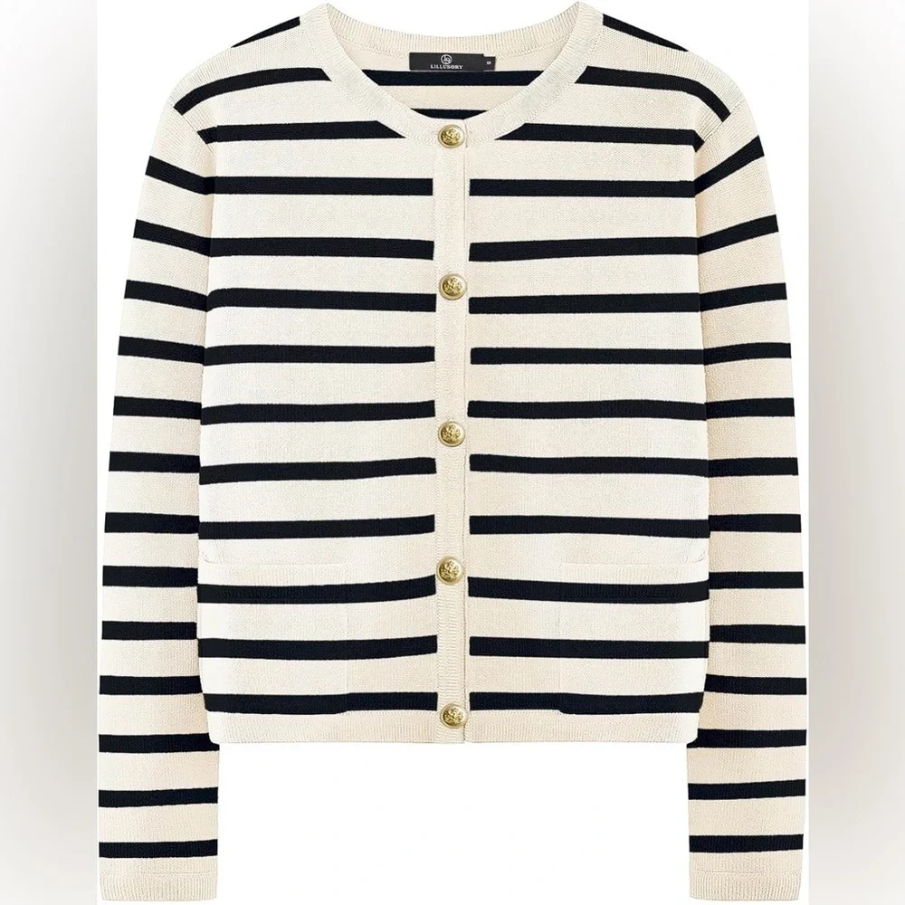 Striped Knit Cardigan with Gold Buttons - Apricot and Black - Picture 2 of 12